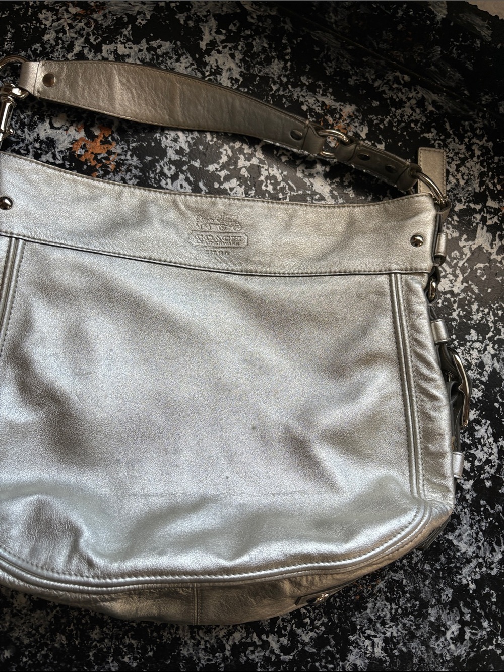 Coach Metallic Silver Leather Zoe Hobo Shoulder Bag